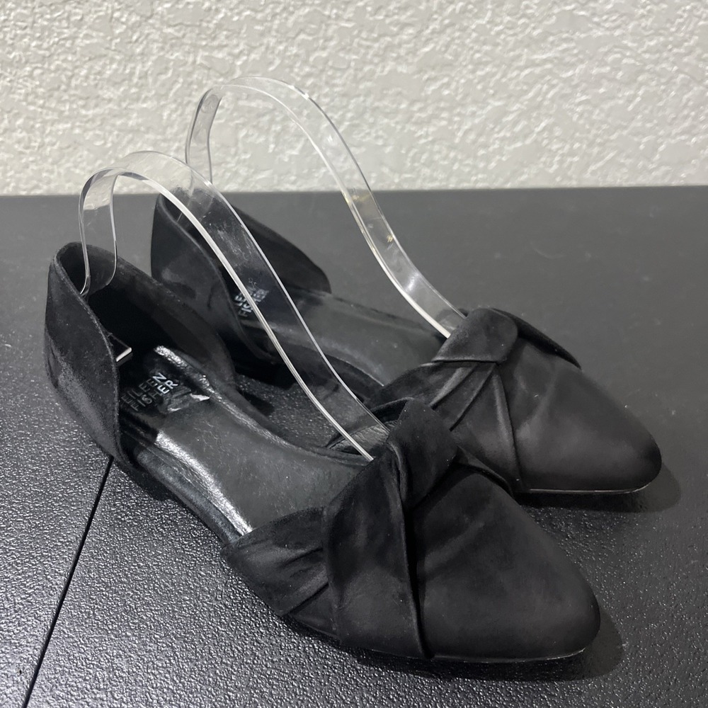 Eileen Fisher Sz 7.5 Black Suede Pointed Toe Knot d'Orsay Flats‎ Chic Versatile